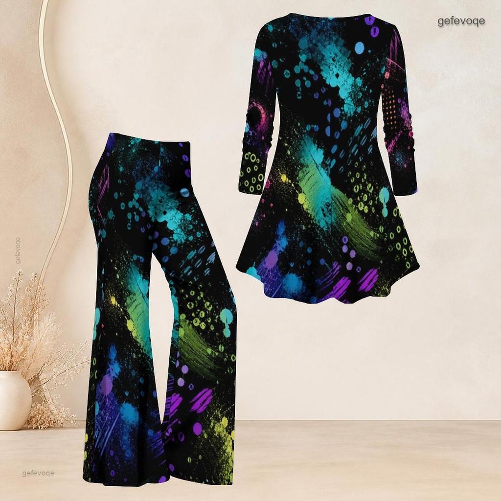 Women Plus Size V Neck Three Quarter Sleeve Colorful Printed Flared Top And Flared Pants Two Piece Set