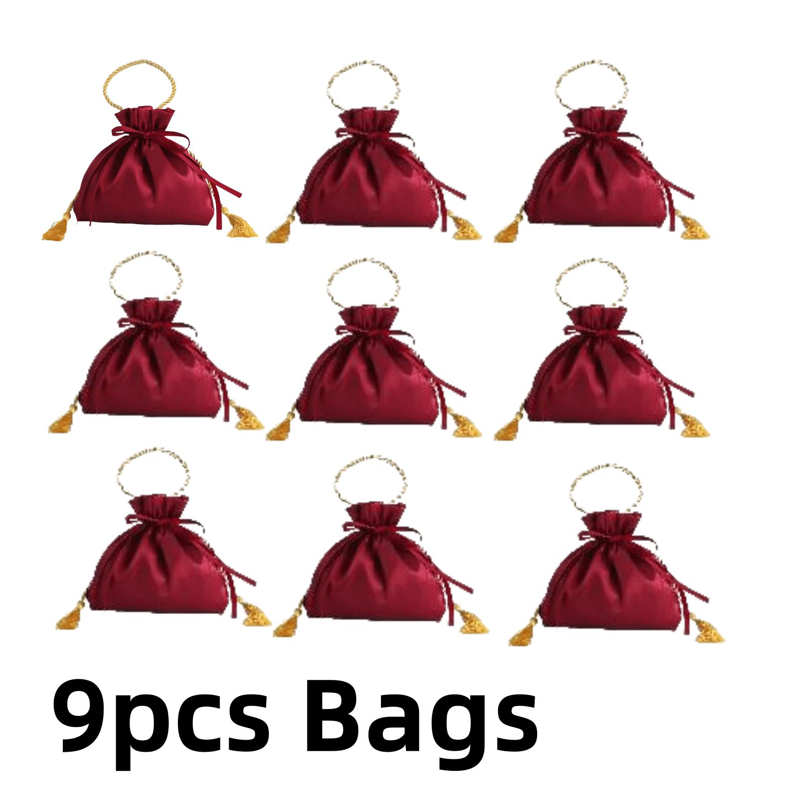 9Pcs Bags With Tassels And Drawstrings - Red And Gold Polyester Tote Bags, Ideal For Holiday Decorations, Party Favors, And Candy Packaging A Perfect 9Pcs