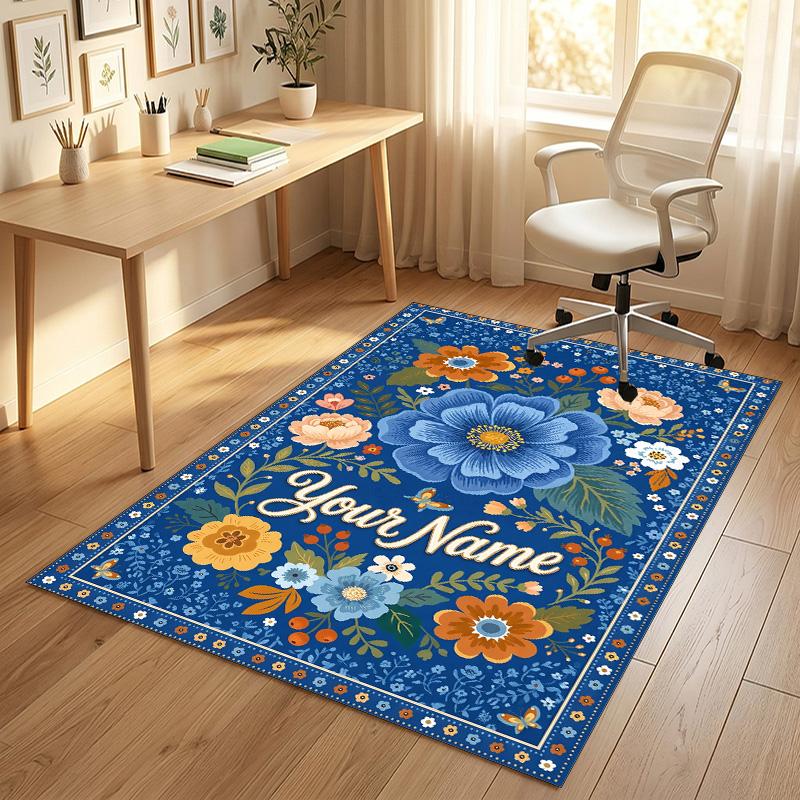 Floral Artwork Theme Soft Crystal Velvet Rug Custom Name & Text Print Non Slip Floor Rug for Bedroom Living Room