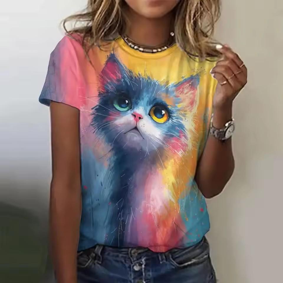 Women's T Shirt Cat Casual Short Sleeve Round Neck Regular Tops Daily Print Rainbow Summer