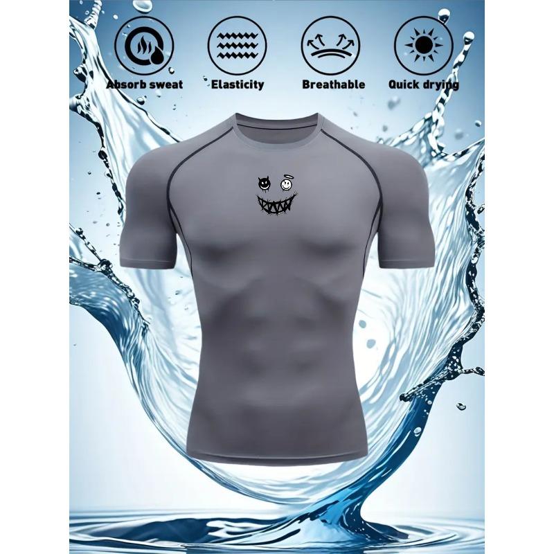 Men's Compression Shirt Quick Dry White Gym T-Shirt Black Grinning Monster Print Workout Sportswear