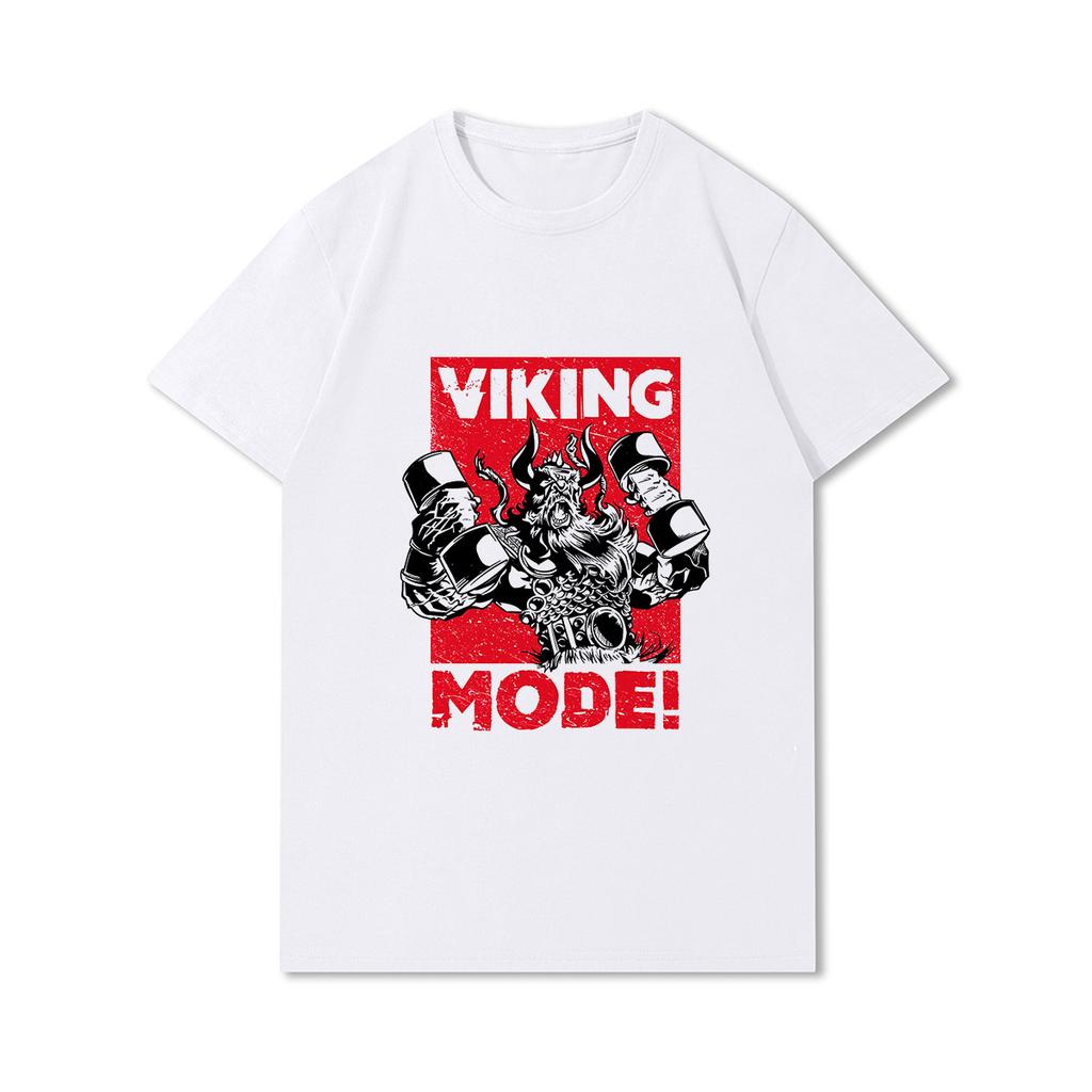 100% Cotton Summer Men T Shirts Viking Vintage Skull Beard with Headphone Printed Casual Top Tees