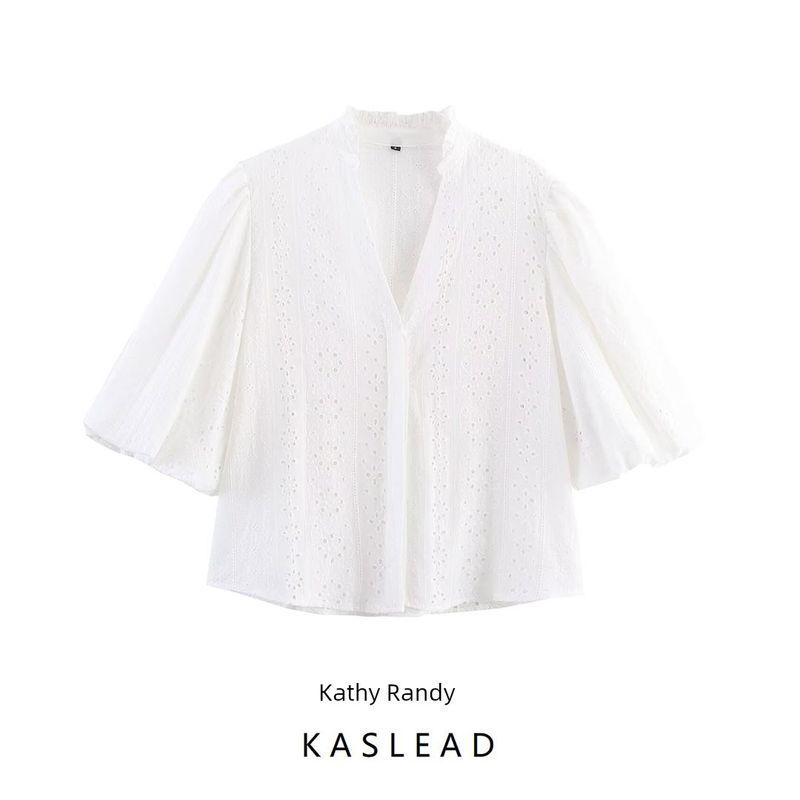 Kaslead New Women clothes Western Style Fashion Puff sleeve Hollow Embroidery Shirts 8741229