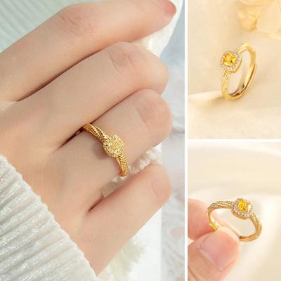 Faux Yellow Crystal Ring Rhinestone Inlay Opening Adjustable Wedding Party Finger Ring