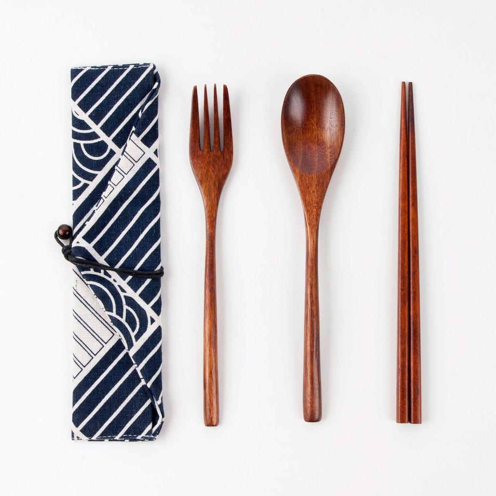 Japanese Wooden Portable Tableware Set: Long-Handled Spoon, Fork, and Chopsticks - Korean Style Three-Piece Set for Outdoor Use.