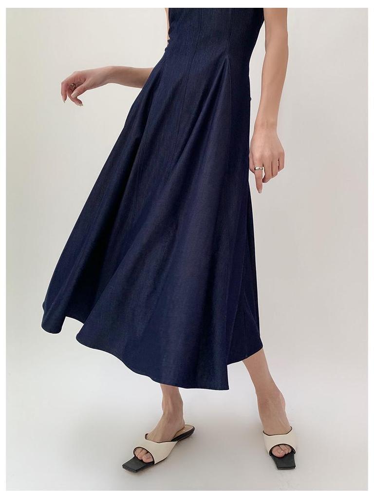 Washed Denim Waist-Defining Big Swing Long Sundress