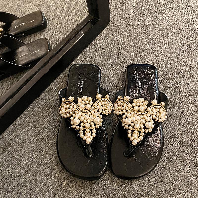 

Жемчужные сандалии для улицы с перемычкой для пальца, со стразами, на клипсе, богемные, ретро, летние женские шлепанцы, шлепанцы 40 чёрный