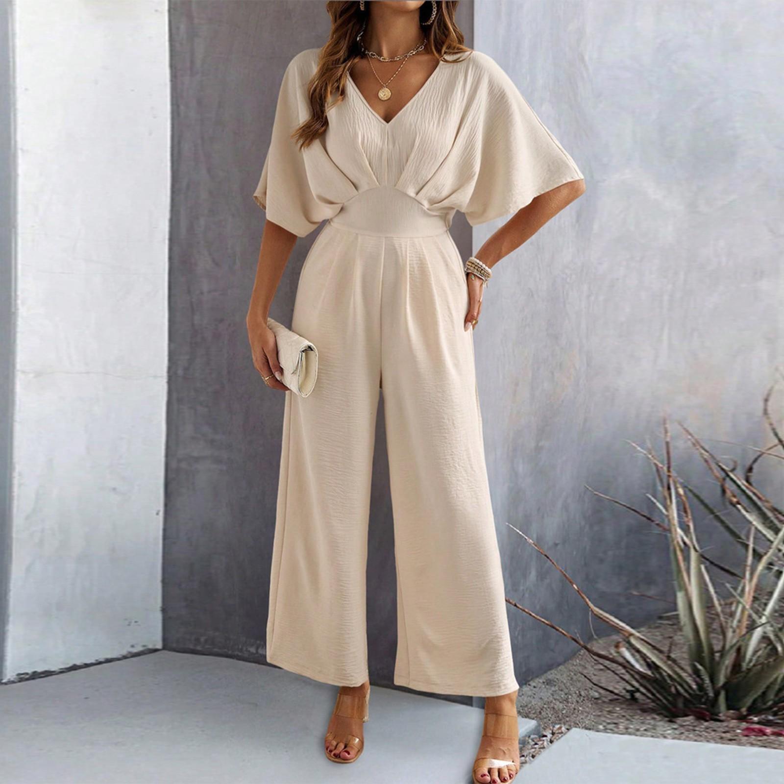 

Women s Puff Sleeve Wide Leg Solid Color Pleated Jumpsuit XL бежевий