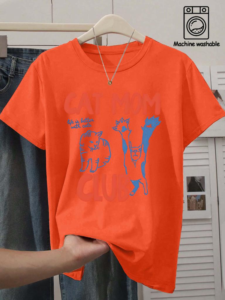 Women's Round Neck CAT MOM Cat Text Printed Short Sleeved T-shirt Soft Women's Clothing American Fun Cute Pet Design