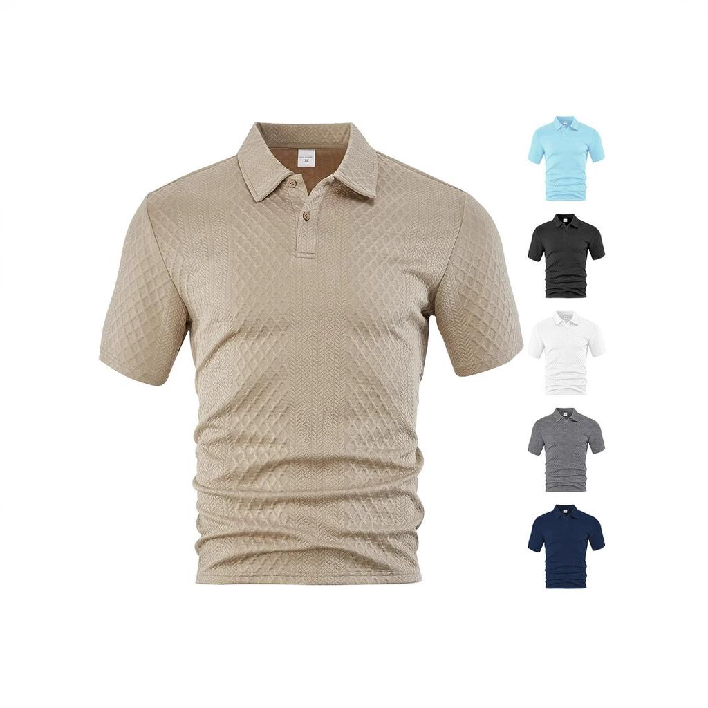 European and American Men's Summer Thin, Loose, Breathable, Casual Solid Color Jacquard Lapel Short Sleeved Polo Shirt for Men