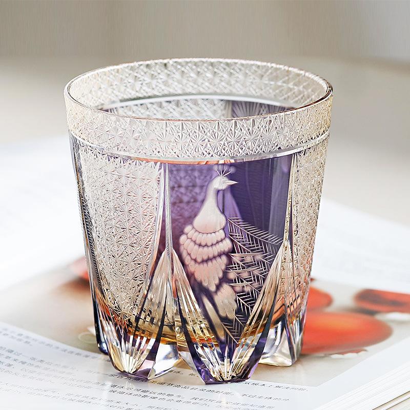Kanzhi Edo cut Japanese hand-carved whiskey crystal glass wine glass purple peacock pattern gift box