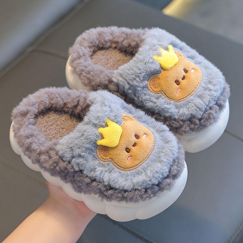 Children's Winter Plush Slippers - Warm, Furry, Thick-Soled, Cartoon Design for Boys, Girls, and Parents.