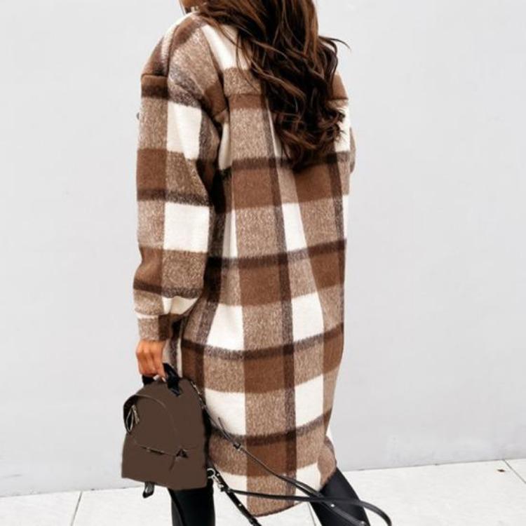 Women Woolen Coat Autumn Winter Plaid Print Turn Down Collar Long Sleeve Flap Pockets Outerwear