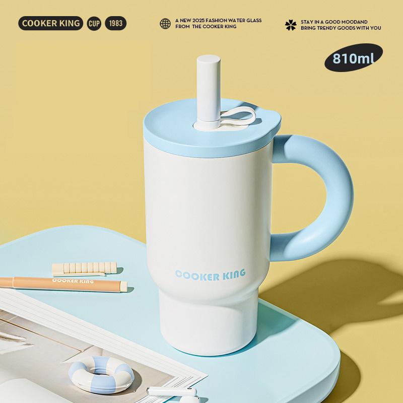 COOKER KING 810ML Straw Insulated Cup Stainless Steel Thermos Cup with Handle Keep Cold&Hot Coffee Cup for Office/Home/Outdoor 810ml синий