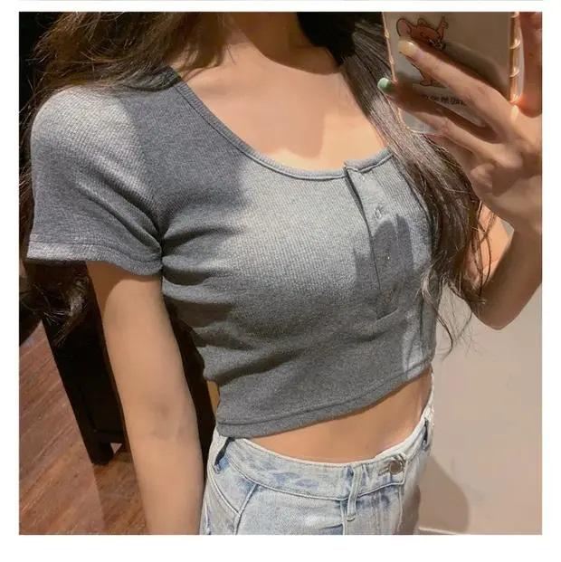 2025 Summer Slim Round Neck Crop Top - Women's Trendy Short Sleeve