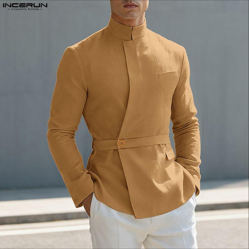 INCERUN Camicie Casual da Uomo con Collo Stretto, Manica Lunga, Bottoni Laterali