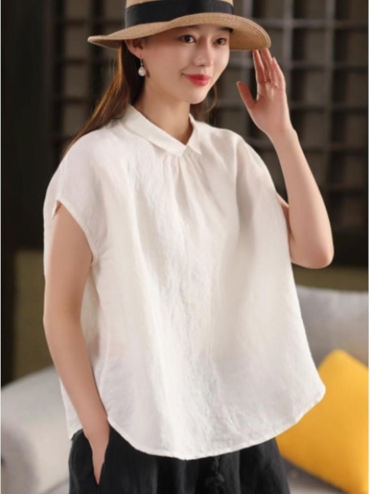 Johnature Women Vintage Summer  Shirts Solid Color Turn-down Collar Sleeveless Tops Casual Female Shirts