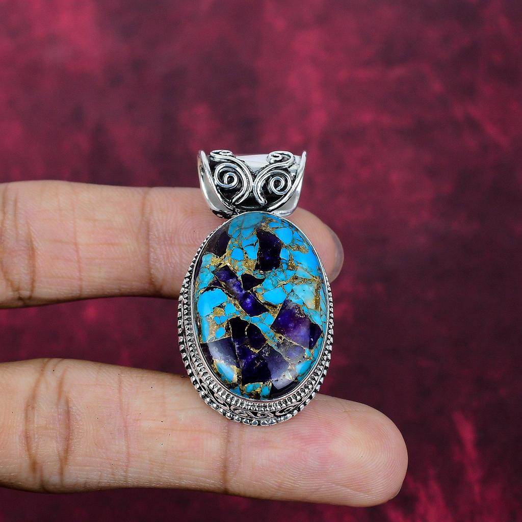 Copper Amethyst Turquoise Handmade Gemstone Pendant, 925 Solid Sterling Silver Pendant Antique Jewelry, For Memorial Day