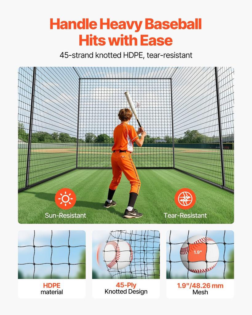 Baseball Batting Cage, 10668 x 3200 x 3100mm Freestanding Portable Batting Cage, Hitting Cages with 45-Ply Knotted HDPE & Long Positioning Ropes,
