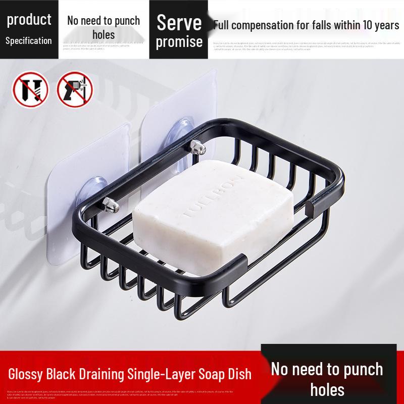 Punch-Free Wall-Mounted Black Aluminum Soap Dish Holder