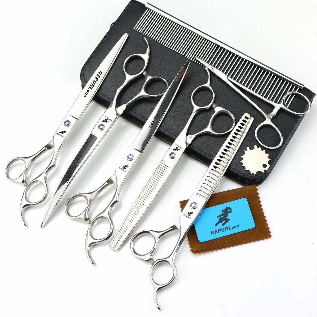 Napson 8-inch Glossy 5-Piece Pet Grooming Scissors Set with Straight Shears, Rake Comb, and Fishbone Tooth Comb