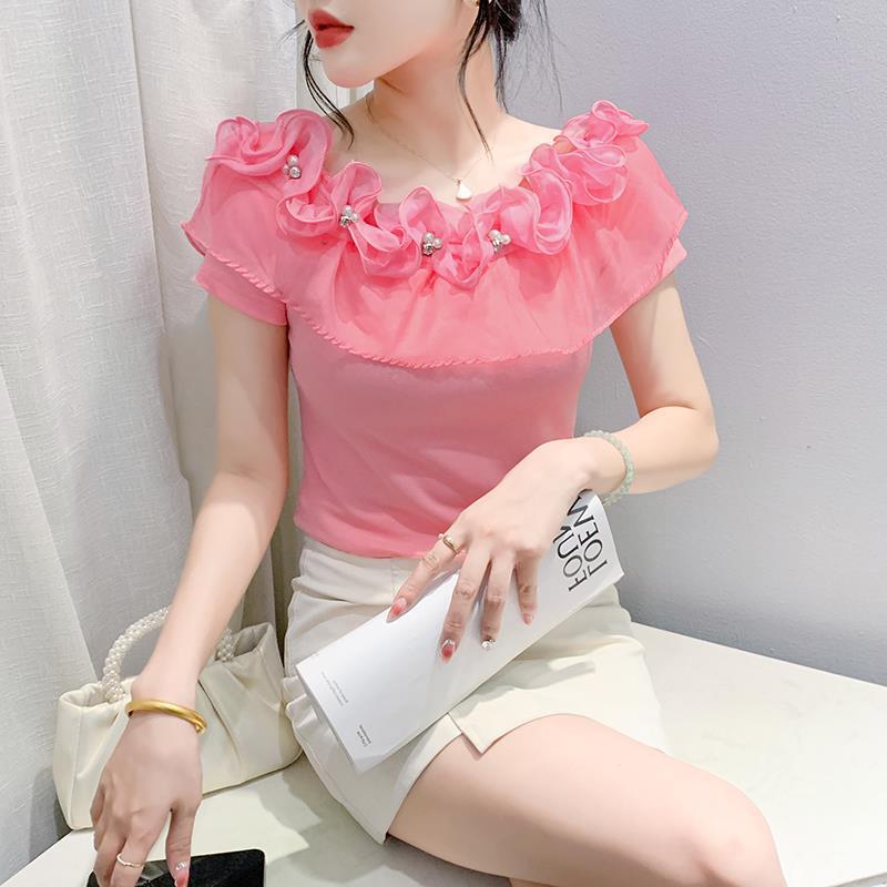 

2024 Летняя Шикарная Футболка с Открытыми Плечами и Рюшами L розовый