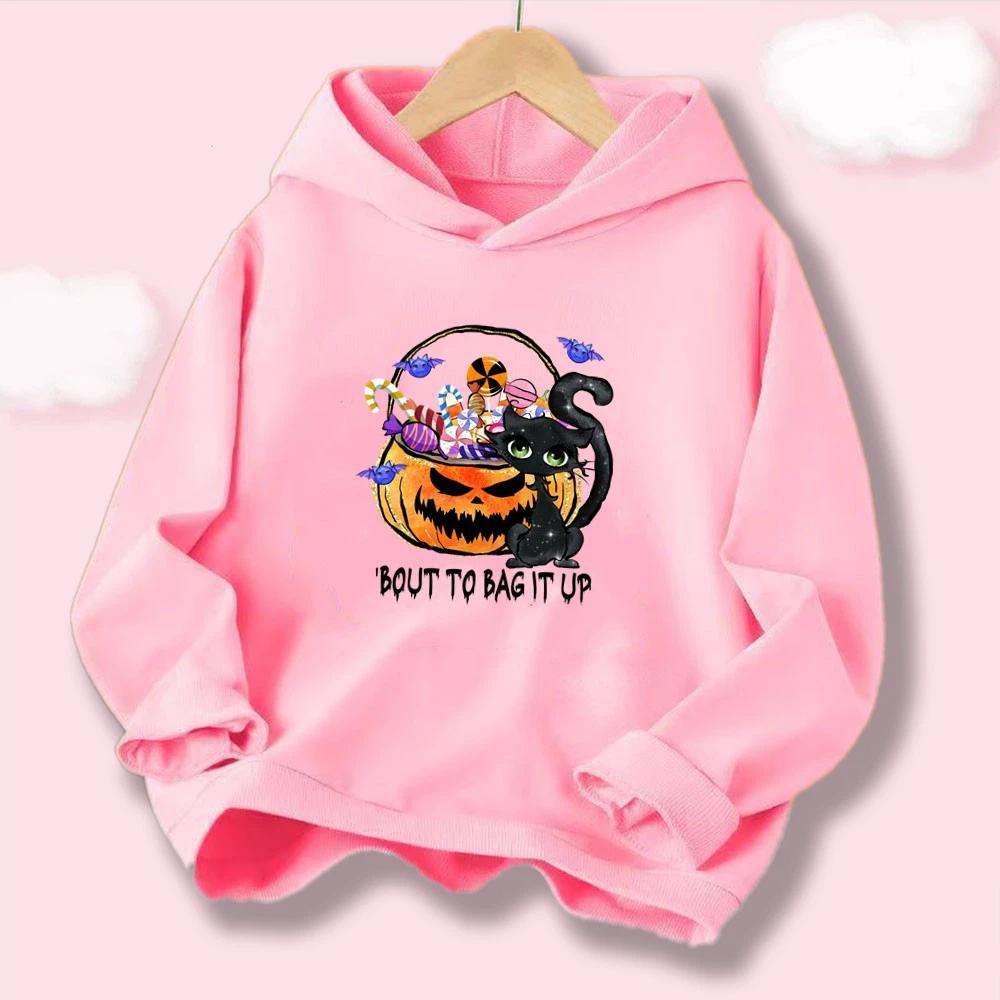 Kawaii Boys' & Girls' Halloween Hoodie "LOVE" Letter with Pumpkin and Skull Print, Casual Kids' Hooded Top