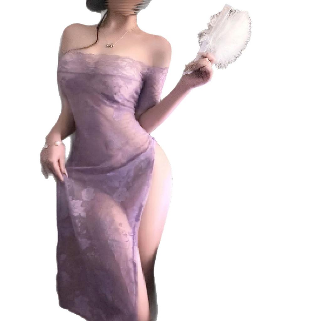Sex Underwear One-word Collar Perspective Cheongsam Tube Top Sexy Lace Nightdress Sexy Pure Desire Nightdress Women
