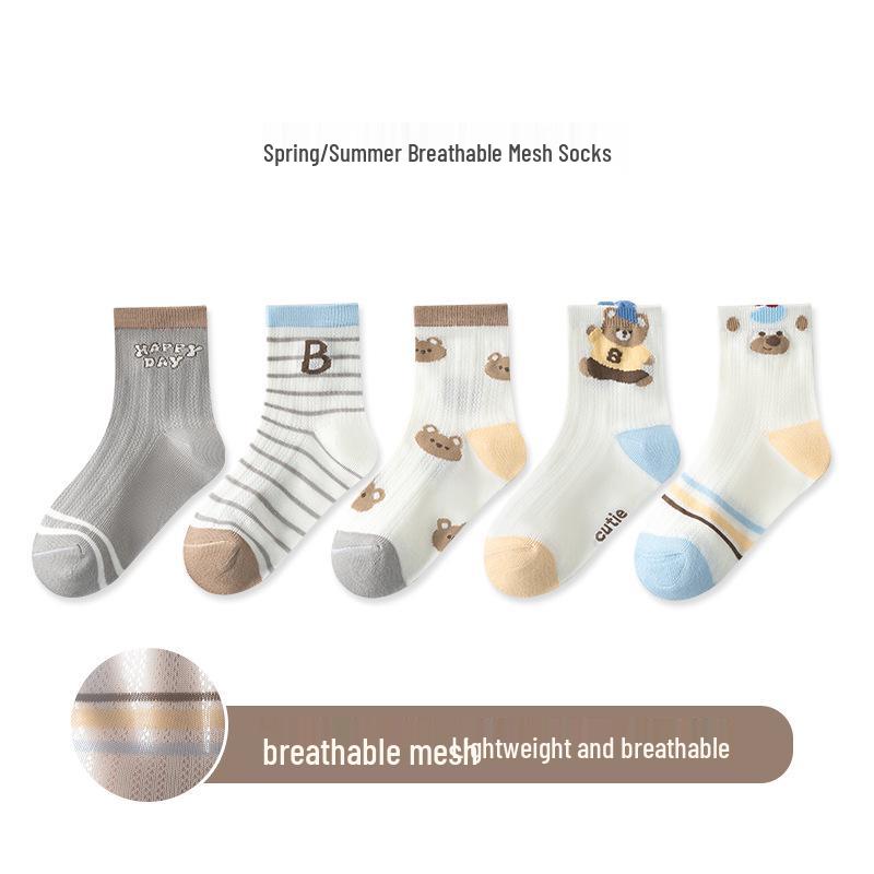 5 Pairs Children's Breathable Mesh Cotton Socks, Cartoon Design for Ages 1-14, Ideal for Spring and Summer
