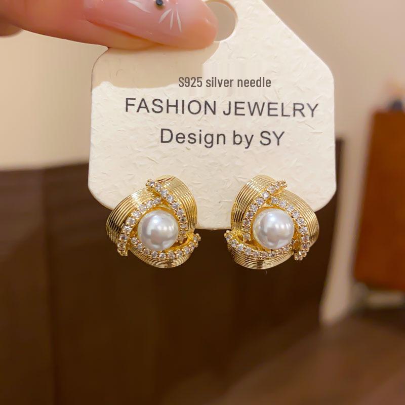 Silver Triangle Swirl Stud Earrings with Zircon and Pearl – French Retro, Luxurious Versatile Design