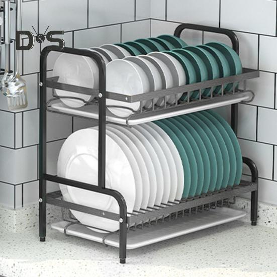 Dish Draining Rack 2-Tier Anti-Slip Feet Holds 17 Plates 18 Bowls Glasses Lunch Boxes Kitchen Countertop Organizer Utensil Holder Cutlery Basket