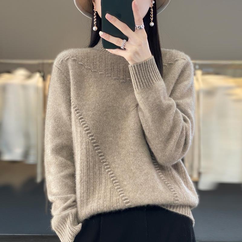 Women's 2024 Autumn/Winter Wave Pattern Wool Sweater - Half-High Collar, Thickened Solid Knit Base Layer