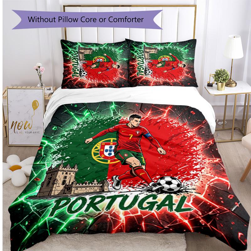 Portugal Football Printed Bedding 3 Piece Set Cozy Breathable Bed Cover Set as Housewarming Holiday Gift