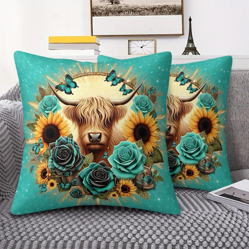 Vibrant Sunflower Highland Cow Pattern Pillow Case Short Plush Print Cushion Cover Square Throw Pillow Covers Sofa Home Decor