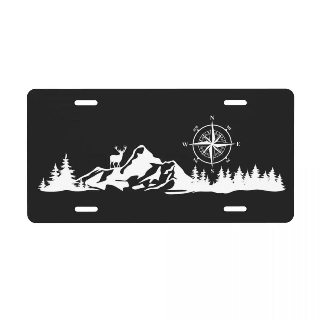 Novelty Deer In The Mountains Decorative Metal License Plate Compass Camper Aluminum Car Front Vanity Tag 6x12 Inch