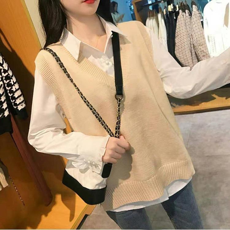 Spring Autumn Versatile Women's Knit Vest Outer Wear Japanese Style Loose Outer Layer V-Neck Sweater Vest