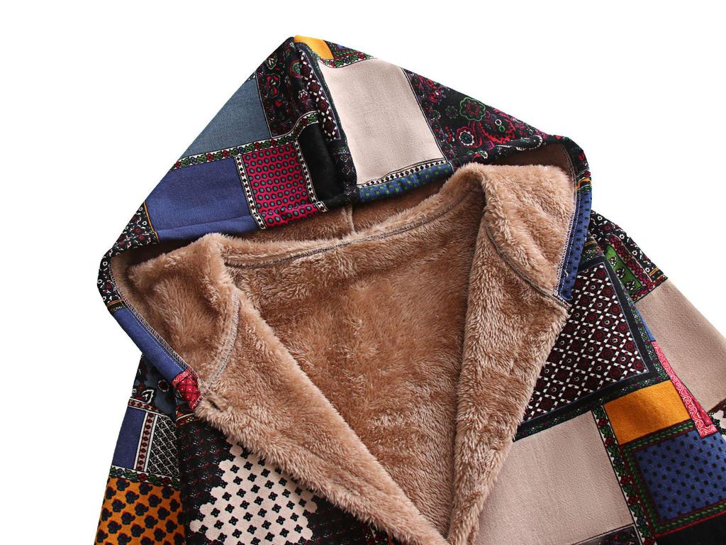 Baumwollmantel mit Kapuze im Ethno-Stil Herbst/Winter 2023 – Europäische und amerikanische Mode, lockere Passform, Baumwoll-Leinen-Mischgewebe mit Samtfutter für Damen