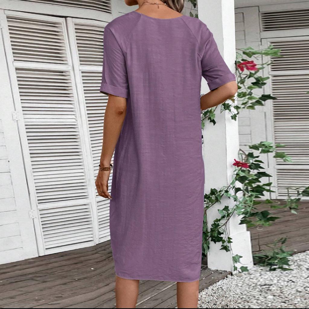 Women's V-Neck Loose Comfortable Short Sleeve Cotton Linen Dress