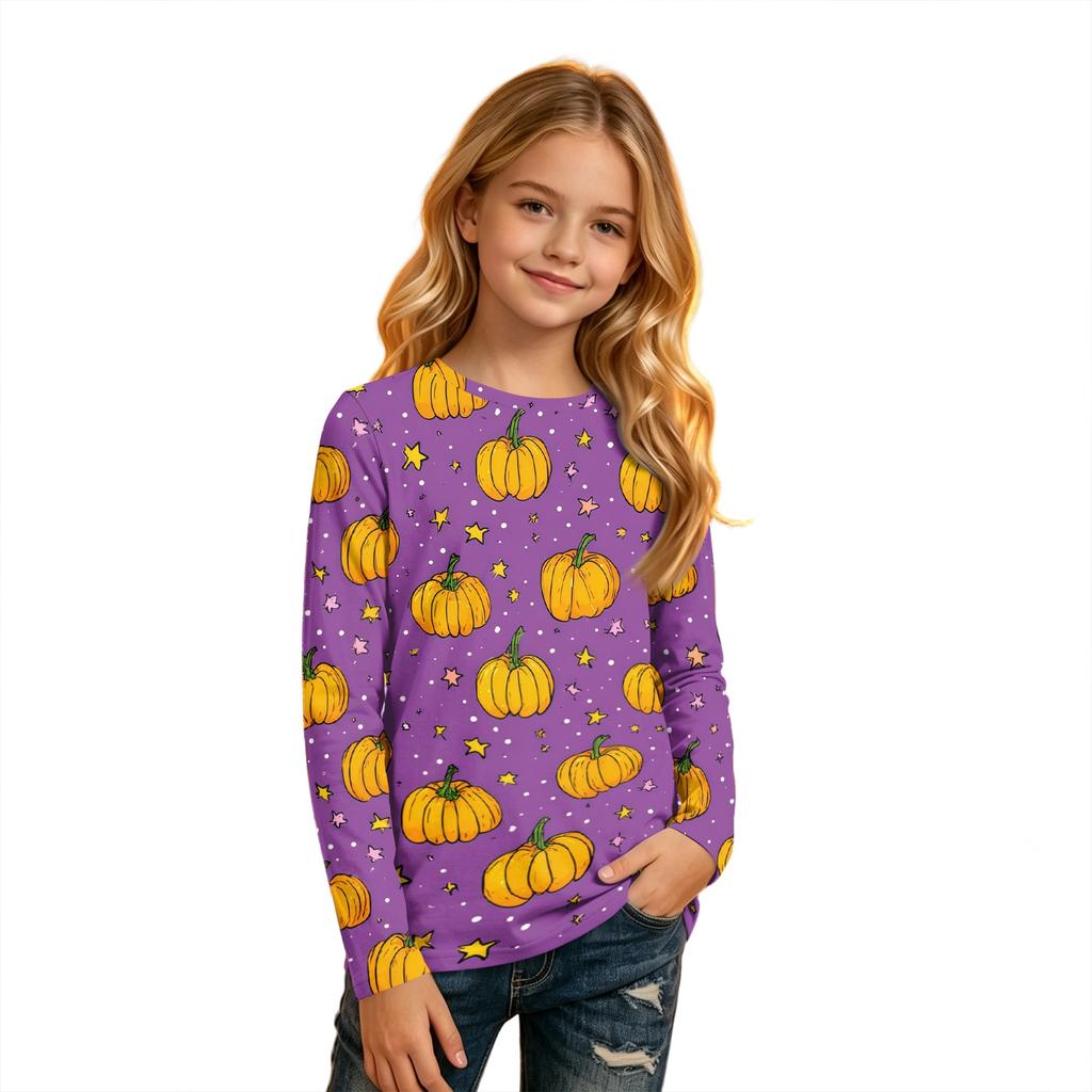 Kids' Long Sleeve Halloween Print T-Shirt with Round Neck for Everyday Wear