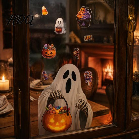 Halloween Window Clings Cute Cartoon Static Clings, Ghost Jack-O-Lantern Candy Glass Festive Home Ornaments Decals, Removable Stickers for Party Store