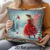 2D Flat - [2D Flat Printing] 1pc Winter Snow Forest Red Dress Elf Main Red Sparrow Small Bird Red Berry Pine Branch Snow Falling Christmas Theme Doubl