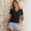 Women's Jacquarded V-neck Top T-shirt Short Sleeve Versatile Hollow Top