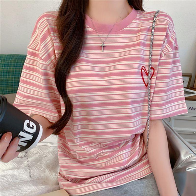 

Women s Casual Loose Long T-Shirt Colorful Stripe Round O-Neck TShirt Ladies Fashion Short Sleeve Summer Plus Size Oversize Medium Nylon XL рожевий