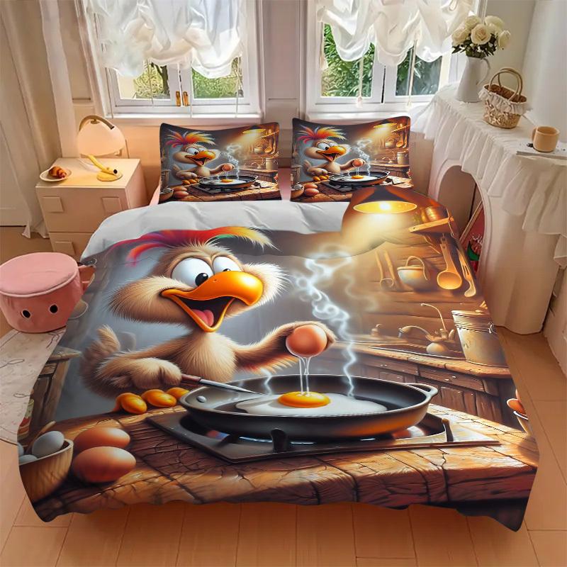 3pcs Anime Cartoon Chicken Bedding Set - Includes One Quilt Cover and Two Pillowcases (No Core) - Perfect for Bedroom and Guest Room Decorat