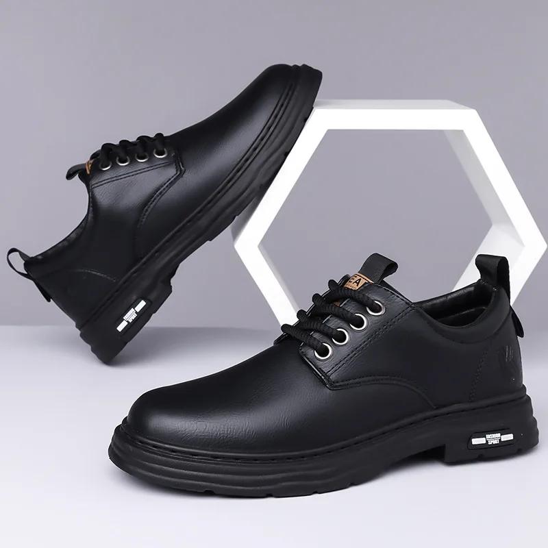 Leather Platform Shoes for Men Fashion Casual New Designer Derby Shoes Male Low Top Work Ankle Boots Men