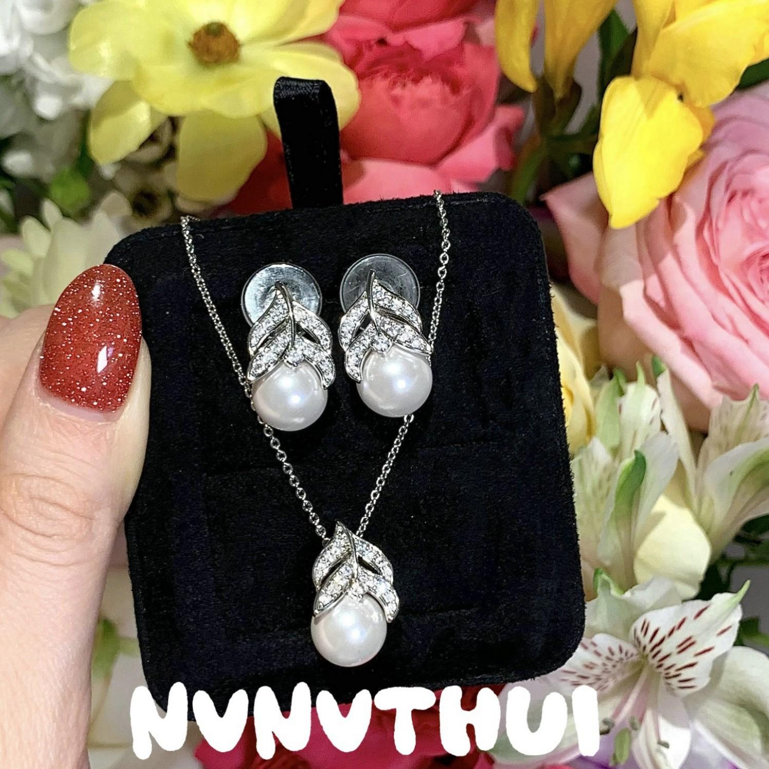 Jewelry, Leaf Feather Flash Diamond Australia White Pearl Necklace, Banquet Haute Couture Feather Full Diamond Bead Earrings Set