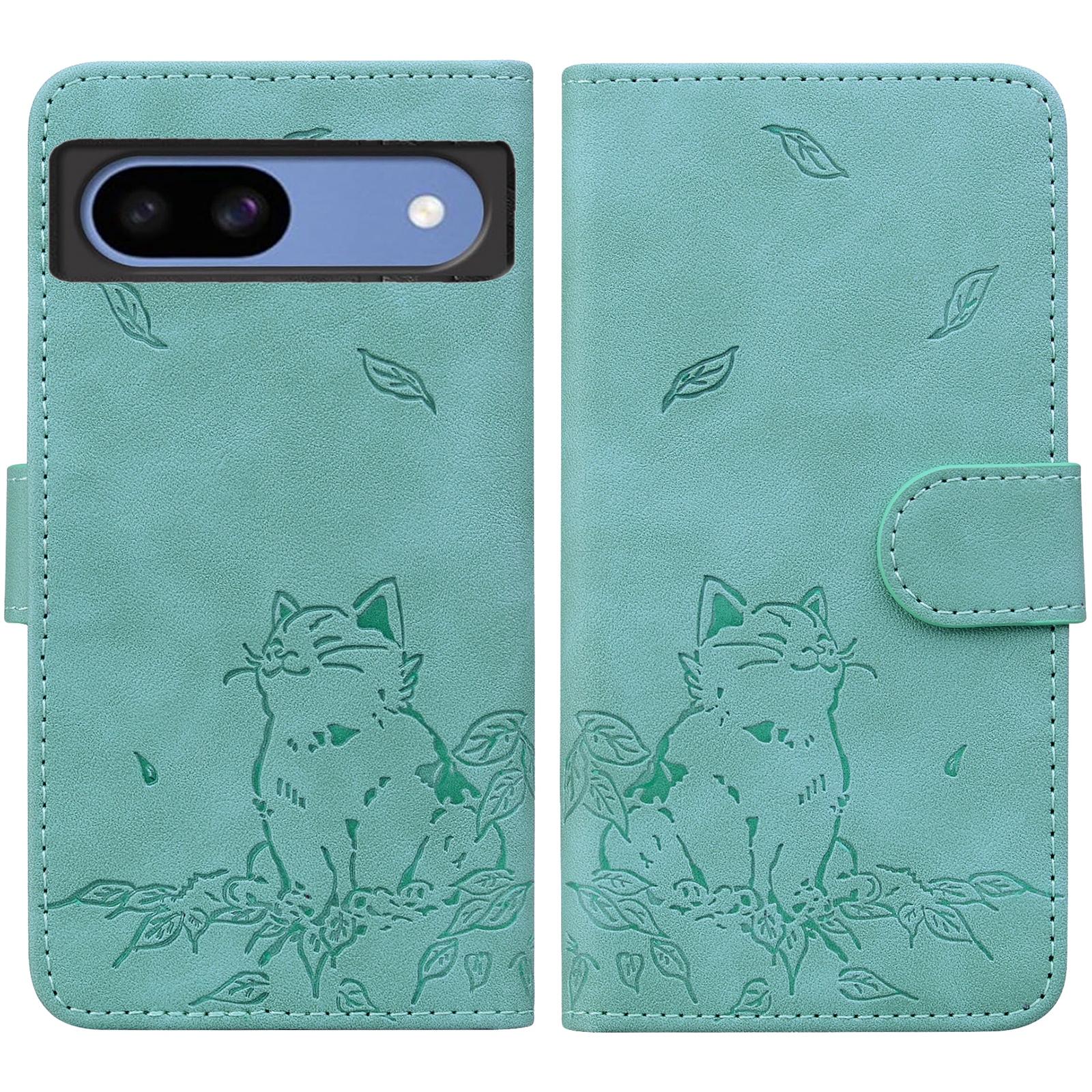 

For Google Pixel 8a Case Wallet Cat Pattern Imprinted Leather Phone Cover Green