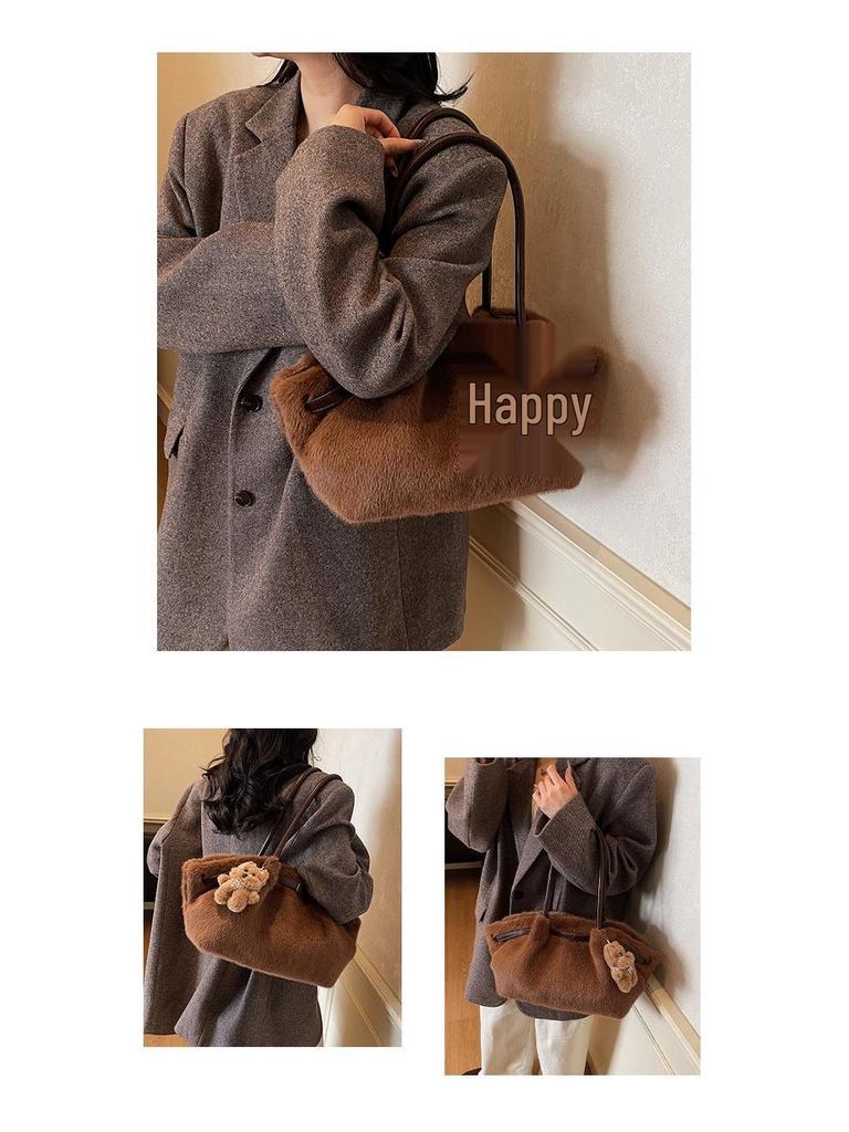 2025 Luxury Women's Fluffy Tote Bag - High-End, Large Capacity for Autumn/Winter