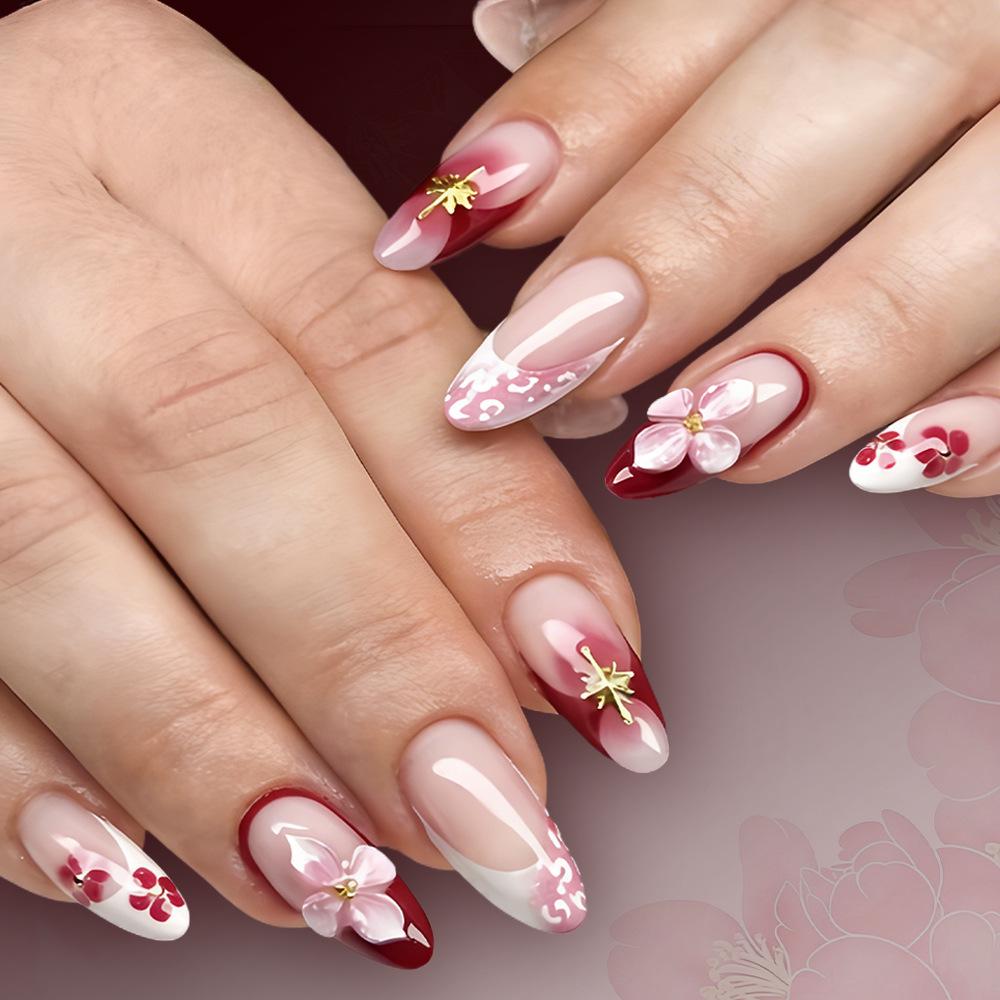 Cherry Blossom Embossed Gold-Plated 3D Press-On Gel Nails - 24 Pieces