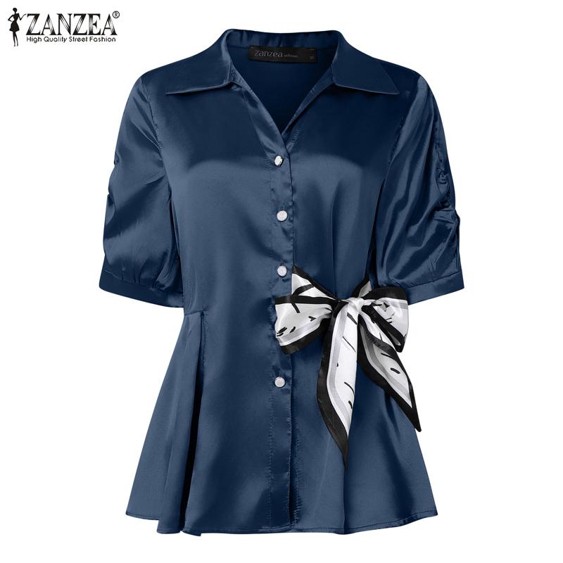 ZANZEA Damska Bluzka Satynowa z Kołnierzykiem i Krótkim Rękawem, Luźna, Casualowa, Patchworkowa